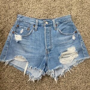 Levi's Light Blue Distressed High-Waist Denim Shorts